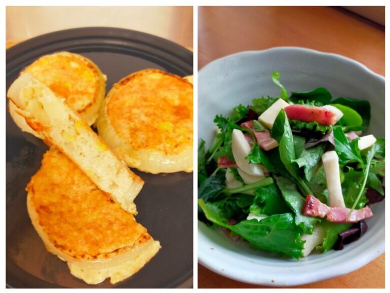 長芋とベビーチーズのふわふわ山芋焼きと長芋とベビーリーフのサラダの写真です