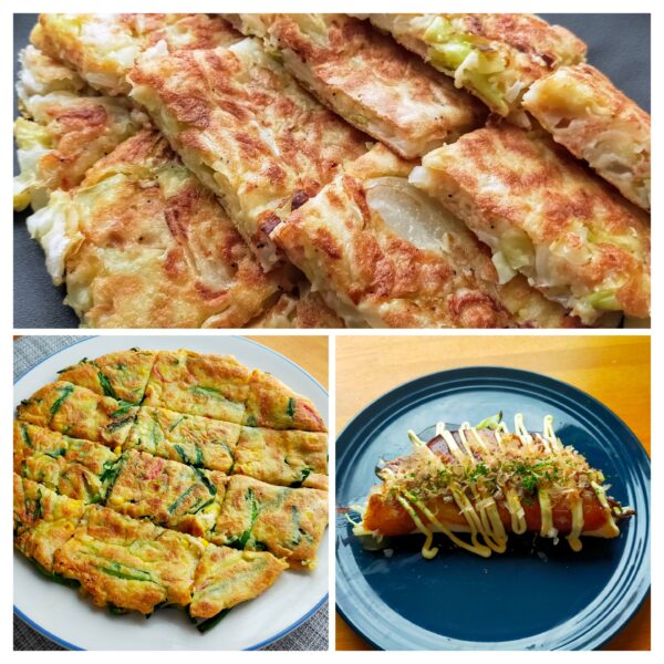 米粉と長芋で作るチヂミ2種類とキャベツ焼きの写真です